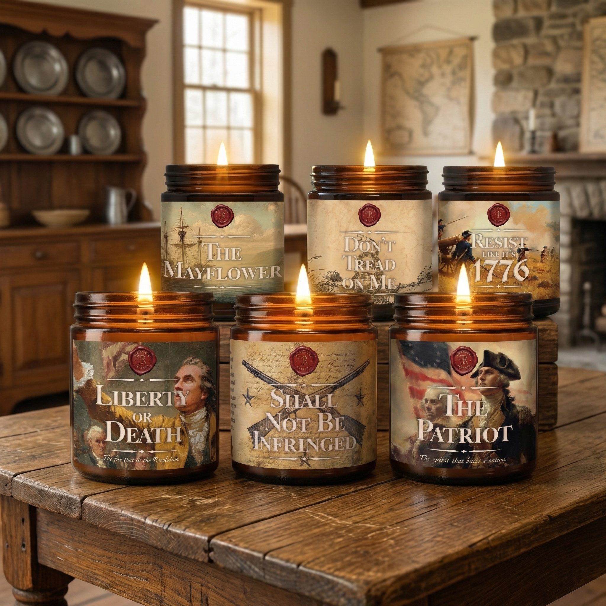 The original American Heritage 6-pack bundle featuring The Mayflower, Shall not be infringed, don't tread on me, liberty or death, the patriot, and Resist like it's 1776. These scents smell like tobacco, bay leaf, cedar, charred leather, sandalwood, driftwood, smoke, black powder, oak timbers, cinnamon, amber, fresh grass, and suede. Completely immersive, with each candle having a different and unique scent for a full, rich scent profile. 
