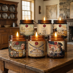 The original American Heritage 6-pack bundle featuring The Mayflower, Shall not be infringed, don't tread on me, liberty or death, the patriot, and Resist like it's 1776. These scents smell like tobacco, bay leaf, cedar, charred leather, sandalwood, driftwood, smoke, black powder, oak timbers, cinnamon, amber, fresh grass, and suede. Completely immersive, with each candle having a different and unique scent for a full, rich scent profile. 