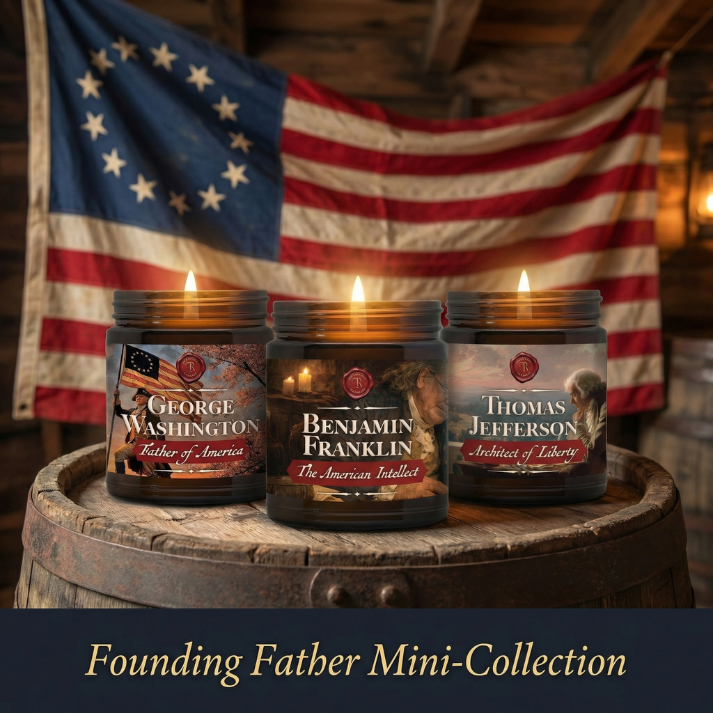 Includes three scents (Over 150+ hours of burn time altogether):
Thomas Jefferson: Rich leather softened by smooth bourbon and layered with warm spices, carrying with it the principles that shaped a nation.

Benjamin Franklin: Warm amber and clove layered with patchouli and soft musk—an aroma of candlelight, worn wood, and shelves lined with well-loved volumes.

George Washington: Dark cherry and tangy black raspberry echoing the richness of banners raised at dusk, layered with supple leather worn.