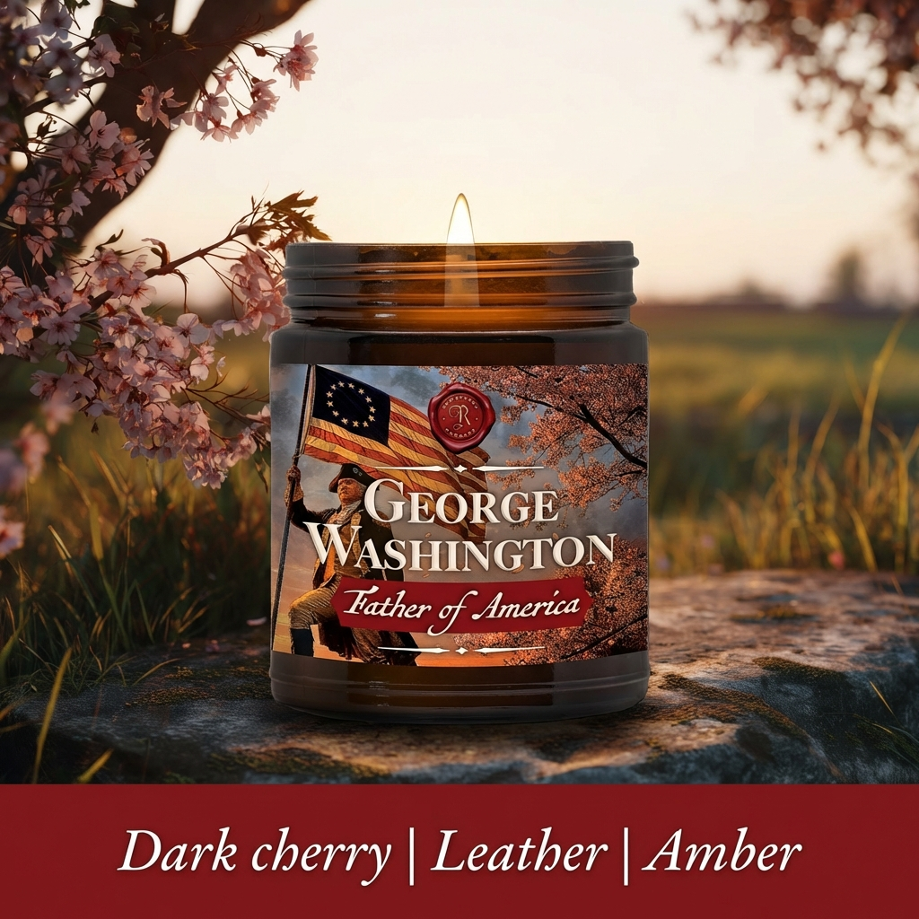 George Washington candle that smells like dark cherry, leather, and amber