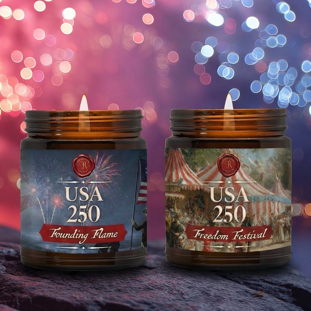 candle duo that smells like worn leather, torchlit smoke, popped kettlecorn, and spun sugar